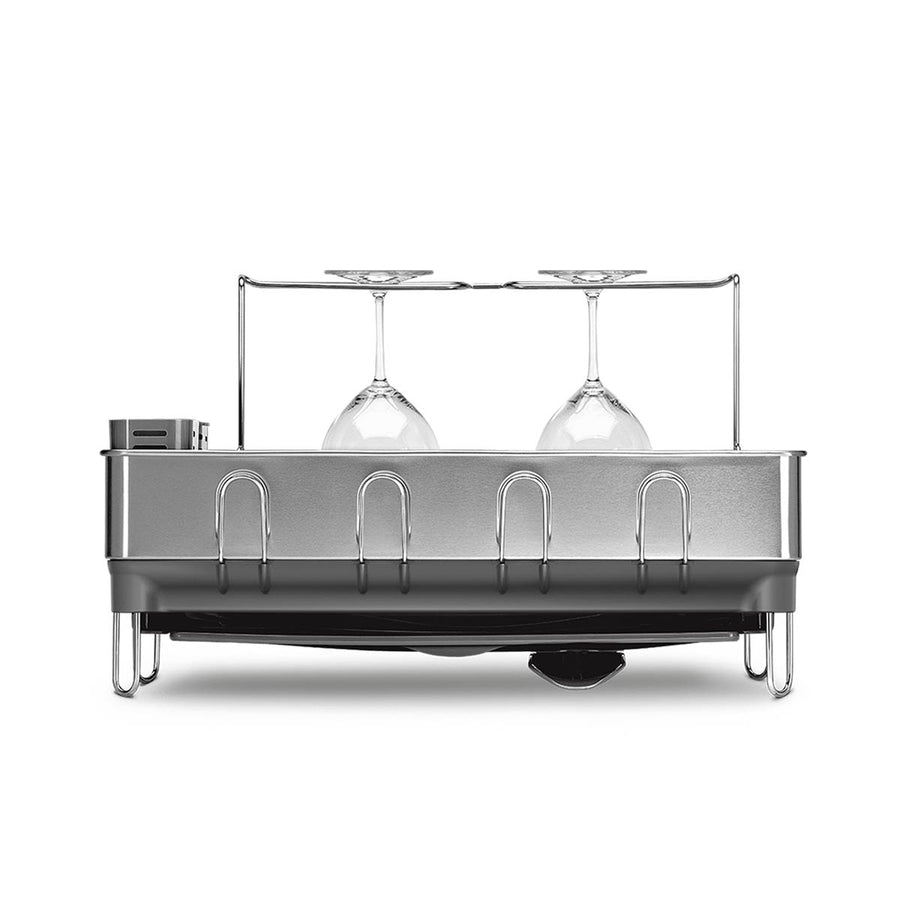Front view of Simplehuman Brushed Stainless Steel Steel Frame Dishrack, featuring a wine glass holder.
