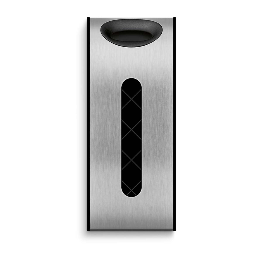 Simplehuman Wall Mount Grocery Bag Dispenser, Brushed Stainless Steel product shot, top loading and front dispensing.
