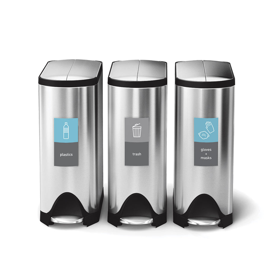 Simplehuman Magnetic Sorting Labels, removable, on three Brushed Stainless Steel Step Cans customizing streams (plastics, trash, gloves/masks).
