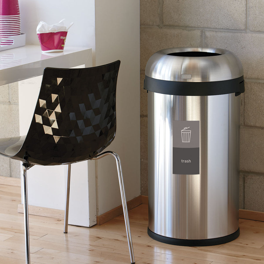 Simplehuman Magnetic Sorting Label (trash) on Brushed Stainless Steel Dome Can, customizing waste in a professional environment.