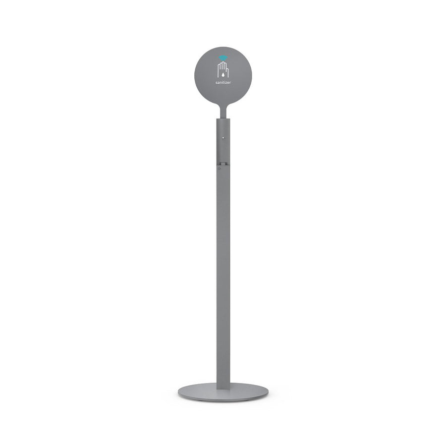 Simplehuman Sensor Pump Max Stand, metallic gray, tall freestanding base with round stabilizing plate for touch-free dispensing.