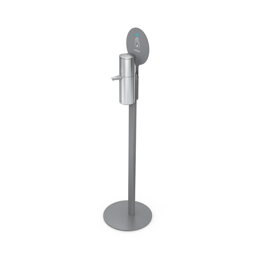 Front angled view of Simplehuman Sensor Pump Max Stand in metallic gray, stable floor design for touch-free sanitizing.